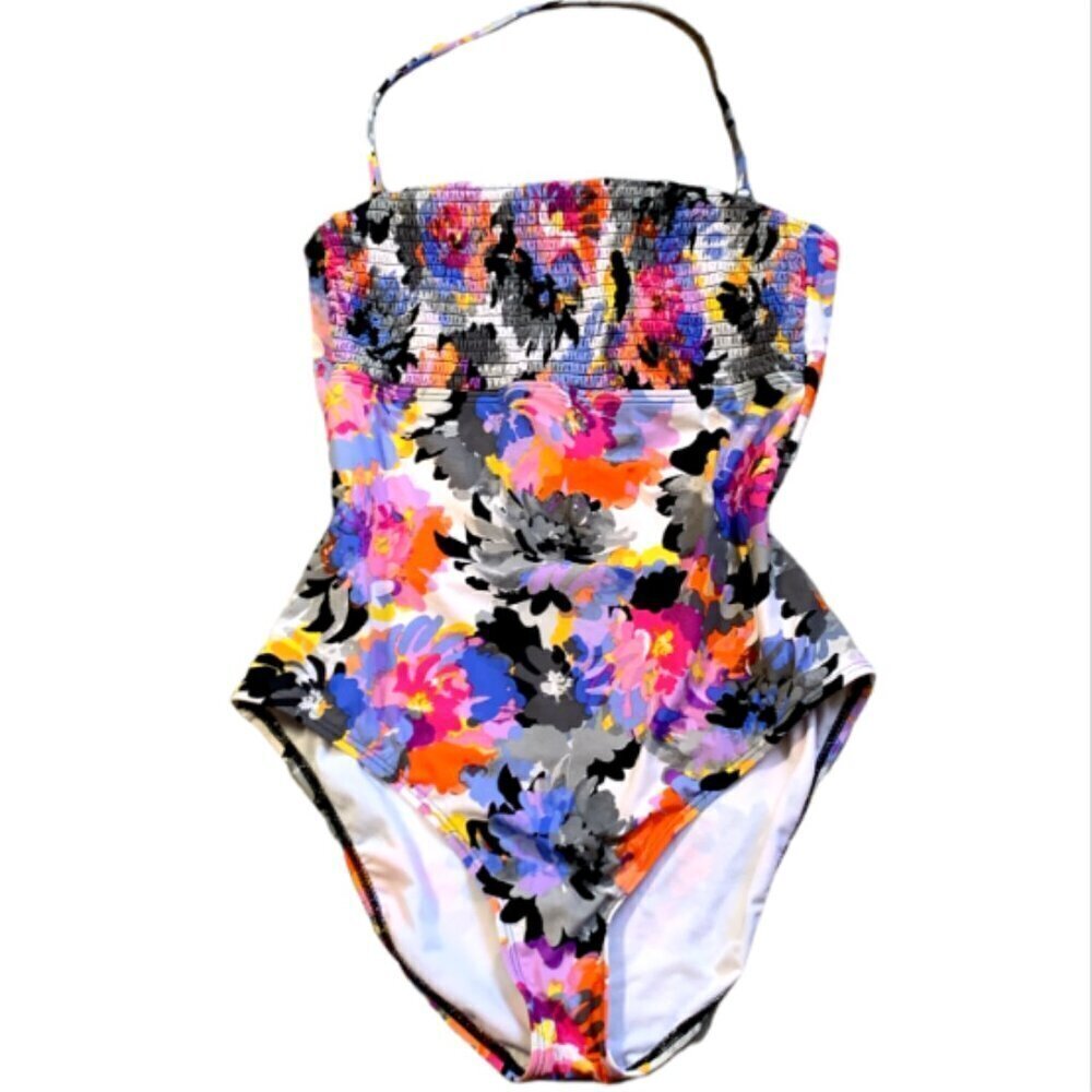 Kenneth Cole Smocked‎ Bandeau One-Piece Halter Swimsuit Floral XL #60K